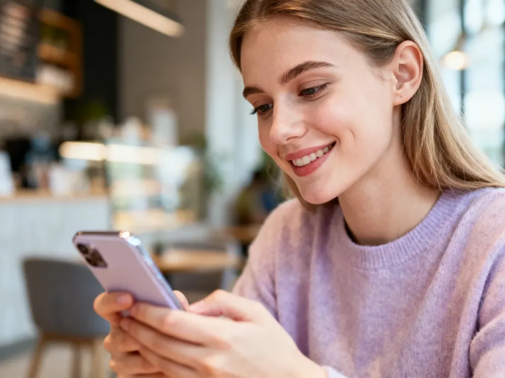 Młoda kobieta z uśmiechem przegląda telefon w kawiarni, co ilustruje swobodną komunikację w mediach społecznościowych.