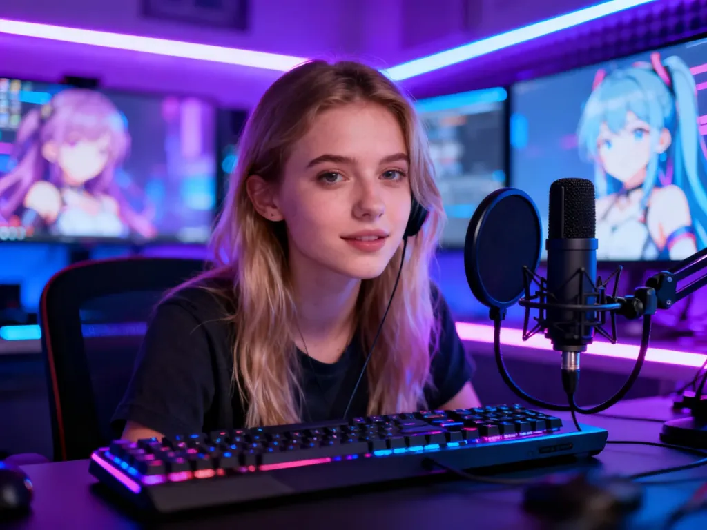 Twórczyni treści w nowoczesnym studiu z neonowym oświetleniem, przygotowująca się do streamowania jako VTuberka.