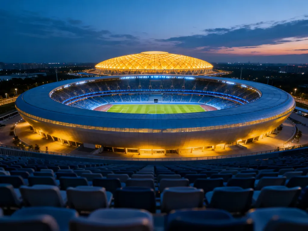 Widok z lotu ptaka na oświetlony Stadion Narodowy nocą, ukazujący jego nowoczesną architekturę i płytę boiska.