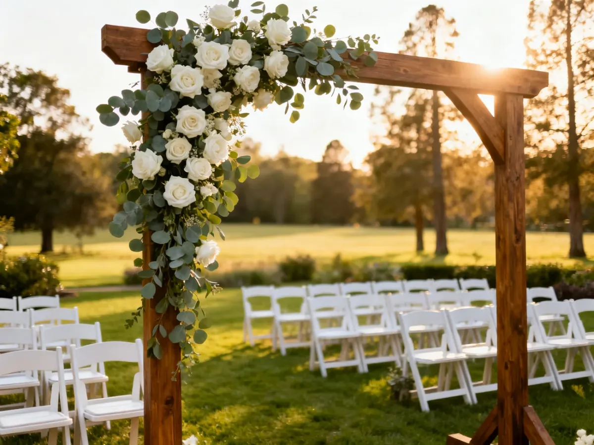 Elegancka sceneria ślubu w plenerze z drewnianym łukiem ozdobionym białymi różami i rzędami krzeseł na zielonym trawniku.