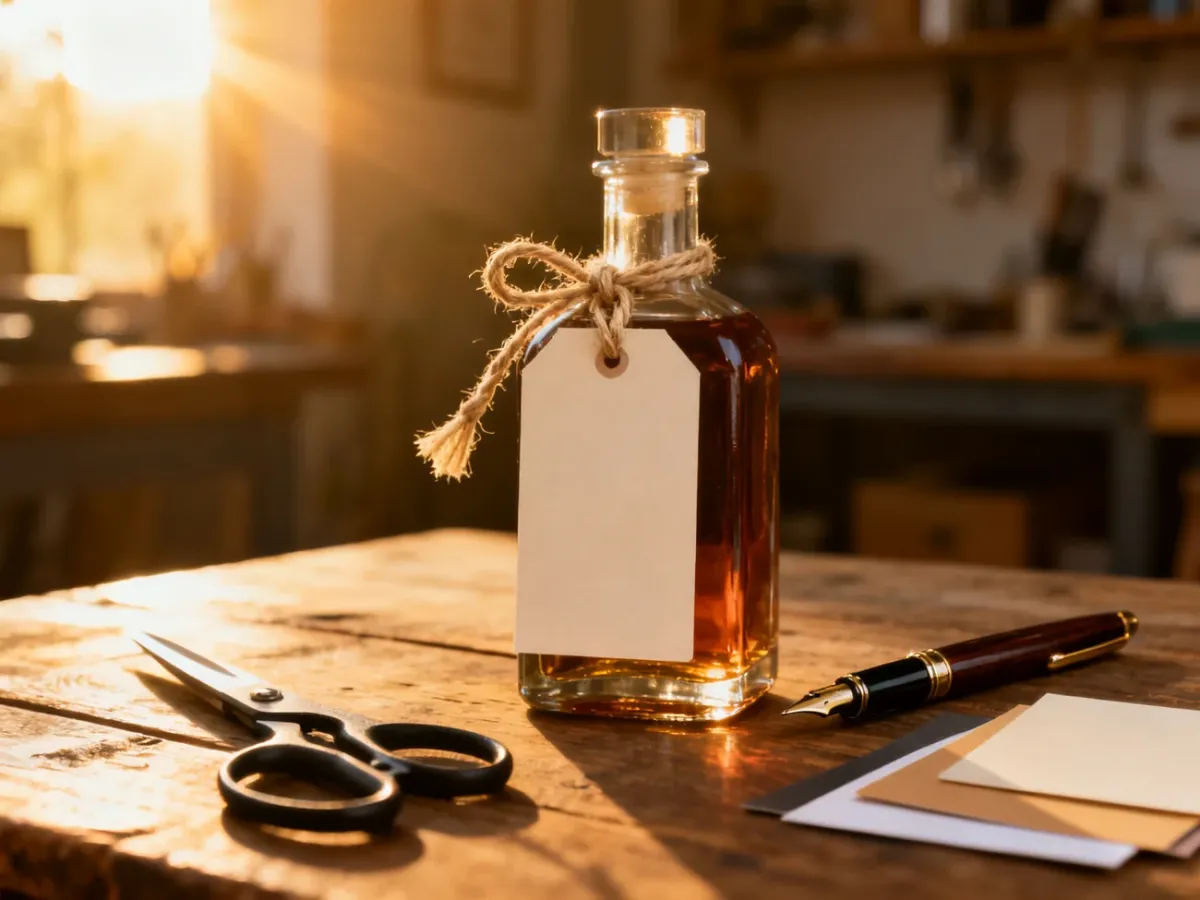 Butelka alkoholu z pustą zawieszką na rustykalnym stole w otoczeniu narzędzi do ręcznego tworzenia etykiet.