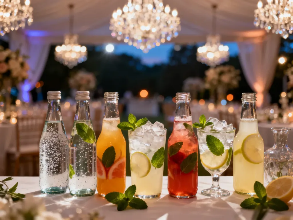 Elegancko zastawiony stół weselny z różnorodnymi napojami, sokami i lemoniadami w szklanych butelkach.
