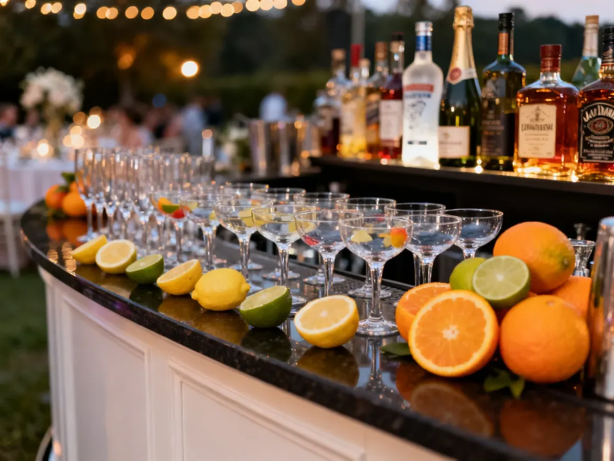Elegancki bar weselny z wysokiej jakości szkłem, owocowymi dodatkami i alkoholem, gotowy na przyjęcie gości.