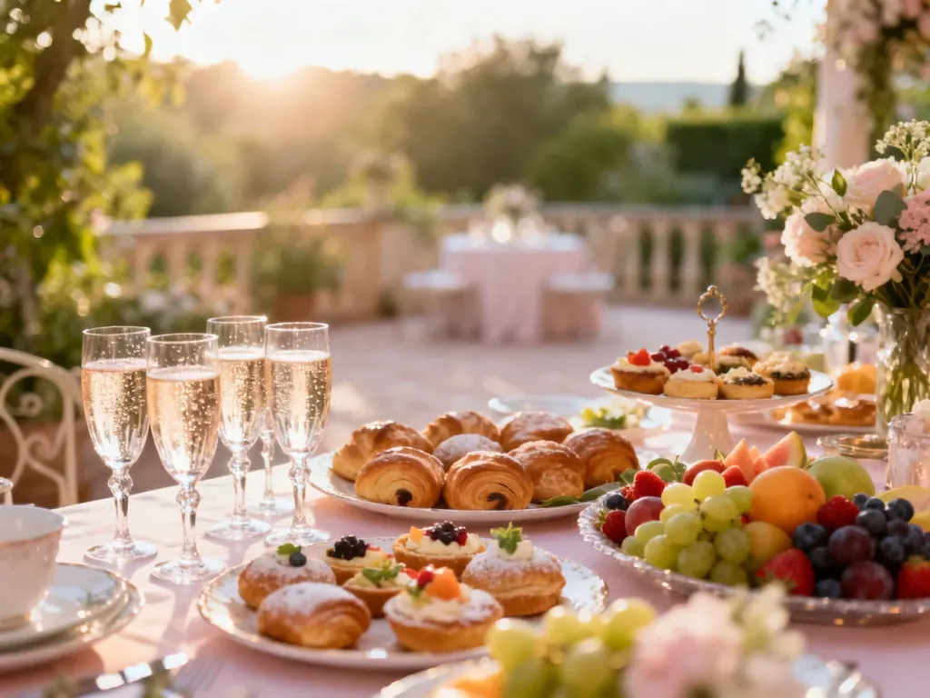 Elegancki stół z przekąskami i napojami przygotowany na przyjęcie poprawinowe w ogrodzie.