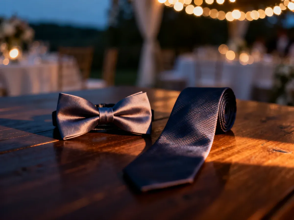 Elegancka jedwabna muszka i klasyczny krawat zestawione obok siebie na drewnianym stole w weselnej scenerii.