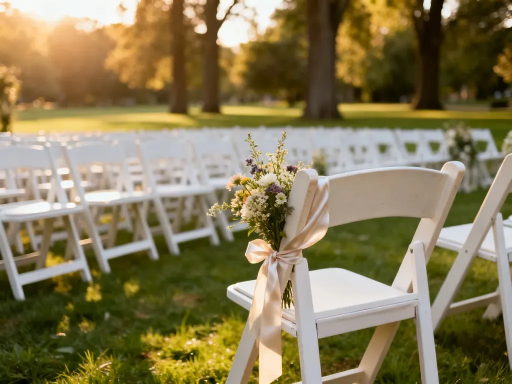 Eleganckie białe krzesła ustawione w ogrodzie na ceremonię ślubną, ozdobione wstążką i bukietem polnych kwiatów.