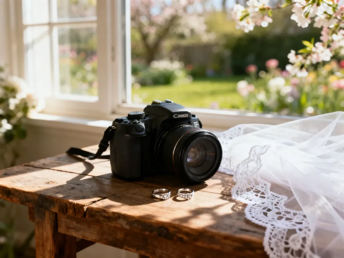 Profesjonalny aparat fotograficzny, obrączki ślubne i welon na drewnianym stole w świetle poranka.