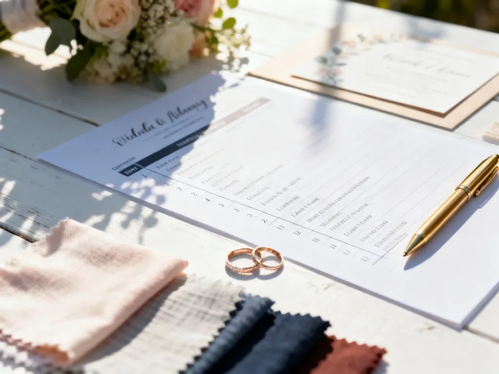Akcesoria ślubne na białym stole: harmonogram, złoty długopis, obrączki i próbki materiałów, symbolizujące pracę wedding plannera.