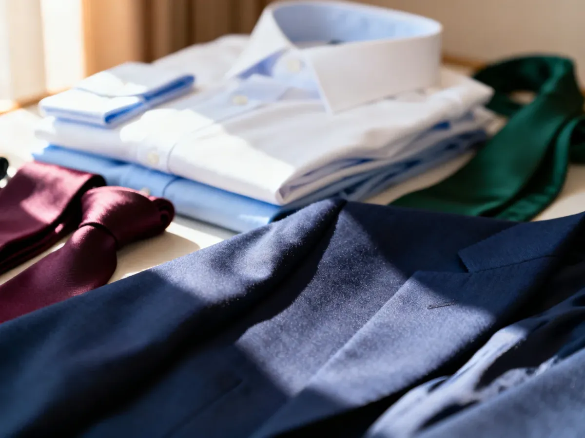 Zbliżenie na fakturę granatowej marynarki w otoczeniu eleganckich koszul i krawatów w różnych kolorach.