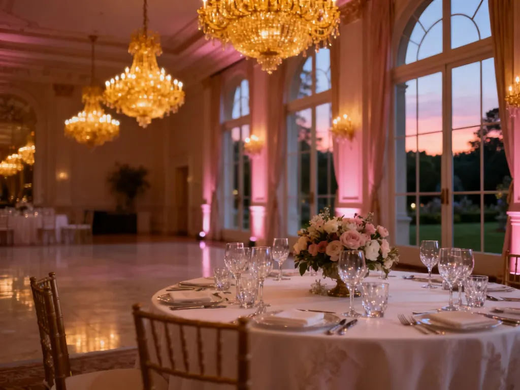Elegancka sala weselna z nakrytym stołem i złotymi żyrandolami, przygotowana na przyjęcie.