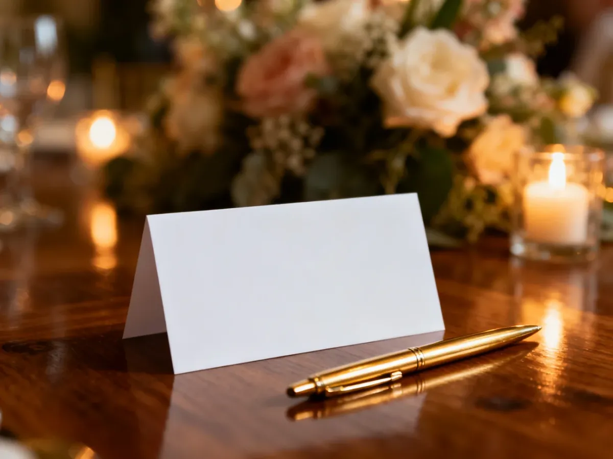Elegancka winietka na drewnianym stole obok złotego pióra, gotowa do wypisania imion gości weselnych.