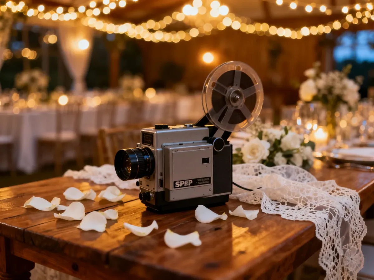 Kamera typu Super 8 na weselnym stole wśród kwiatów i koronek, nawiązująca do filmowego stylu rejestracji ślubu.