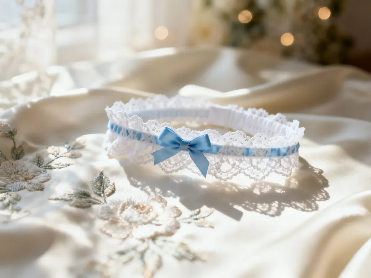 Elegancka biała podwiązka z niebieską kokardką na jedwabnym materiale, symbolizująca ślubną tradycję „czegoś niebieskiego”.