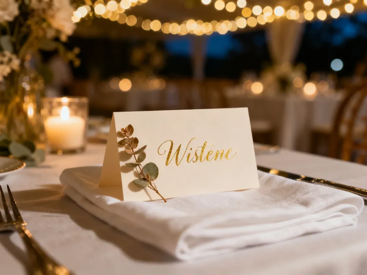 Elegancka winietka dla świadka z kaligrafią i gałązką eukaliptusa na białej serwetce w romantycznej scenerii weselnej.