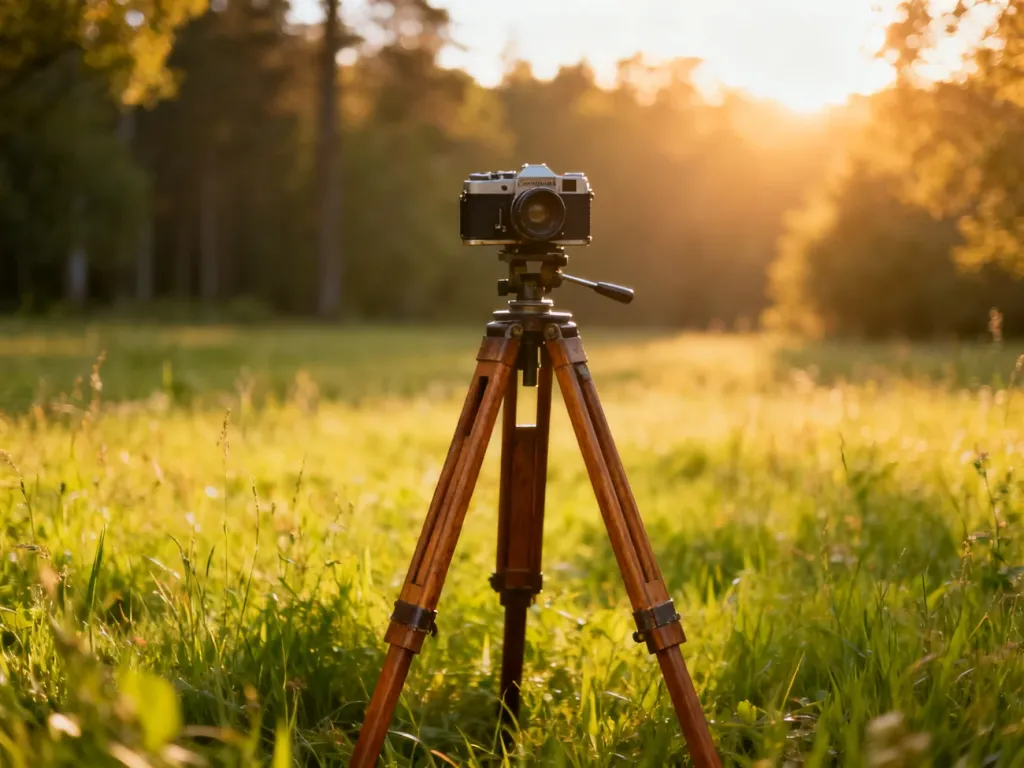 Profesjonalny aparat na drewnianym statywie ustawiony na słonecznej łące, ilustrujący fotografię w plenerze.