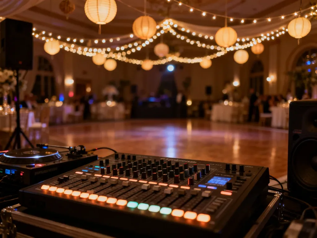 Profesjonalna konsoleta DJ-ska na tle nastrojowej sali weselnej z oświetleniem dekoracyjnym.