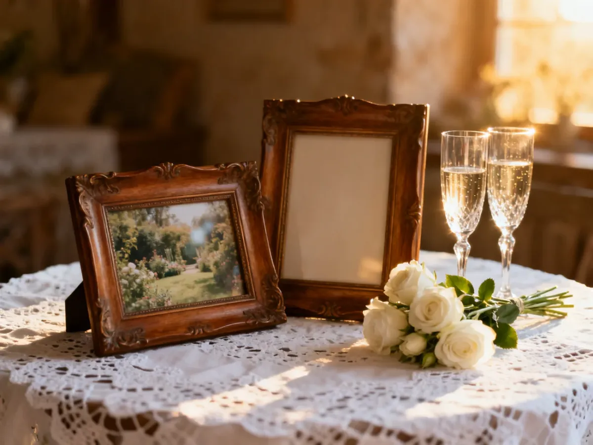 Eleganckie ramki na zdjęcia, białe róże i kieliszki szampana na koronkowej serwecie, tworzące nastrojową oprawę podziękowań.