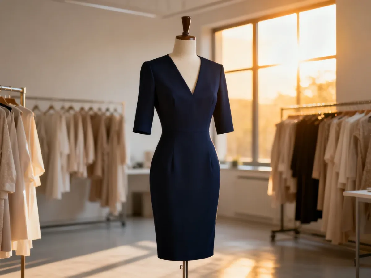 Granatowa sukienka etui na manekinie w nowoczesnym atelier, prezentująca klasyczny i elegancki krój.