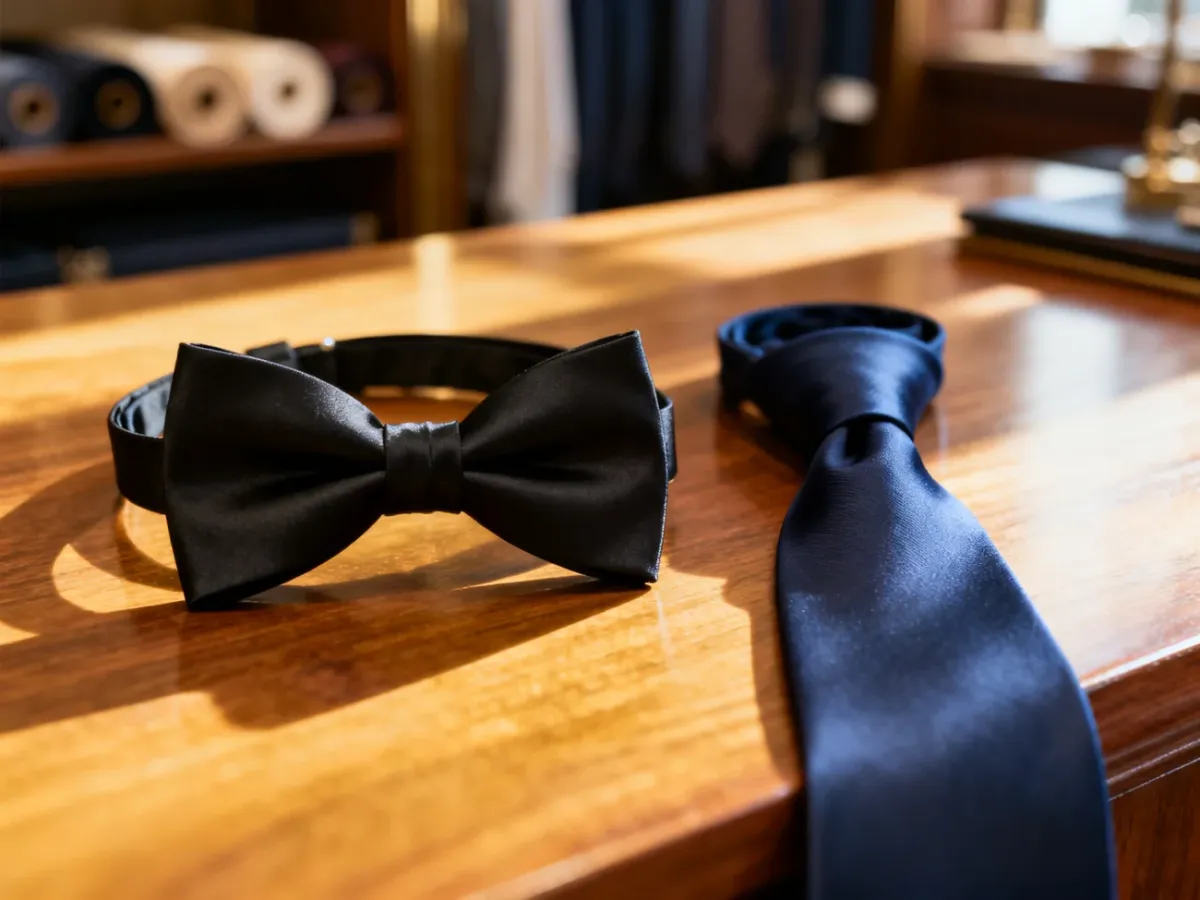 Czarny jedwabny krawat i muszka leżące na drewnianym stole w eleganckim wnętrzu pracowni krawieckiej.