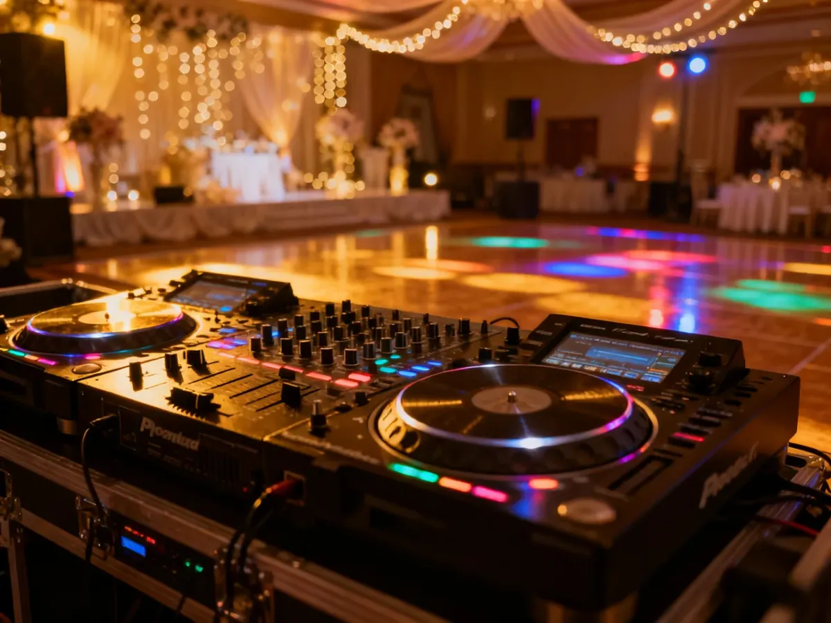 Profesjonalne stanowisko DJ-a z oświetleniem scenicznym na sali weselnej, gotowe do obsługi muzycznej przyjęcia.